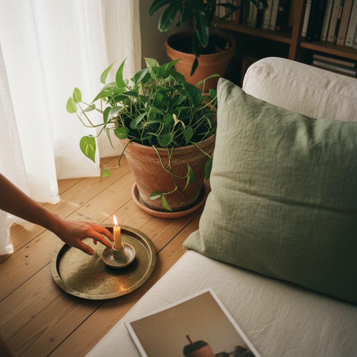 Terracotta color palette — living room with terracotta walls, sage green linen cushion accent, trailing pothos plant in terracotta pot, and botanical prints showing the terracotta-and-moss-green natural palette — Home Decor Aura