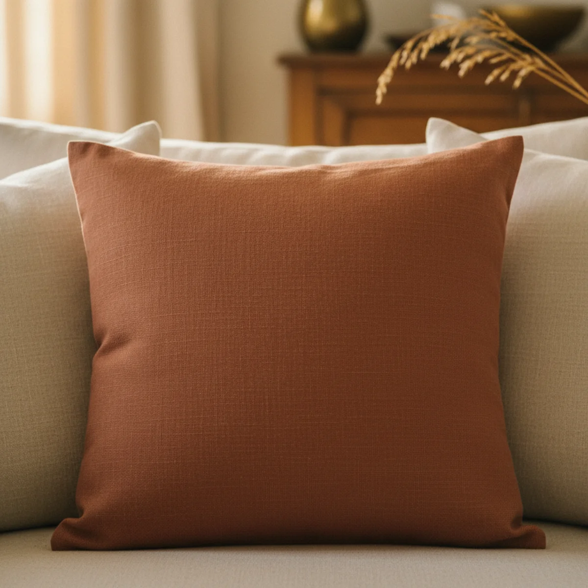 Terracotta color palette — cream linen sofa with single terracotta linen cushion among three cream cushions and terracotta wool throw draped over one arm — Home Decor Aura