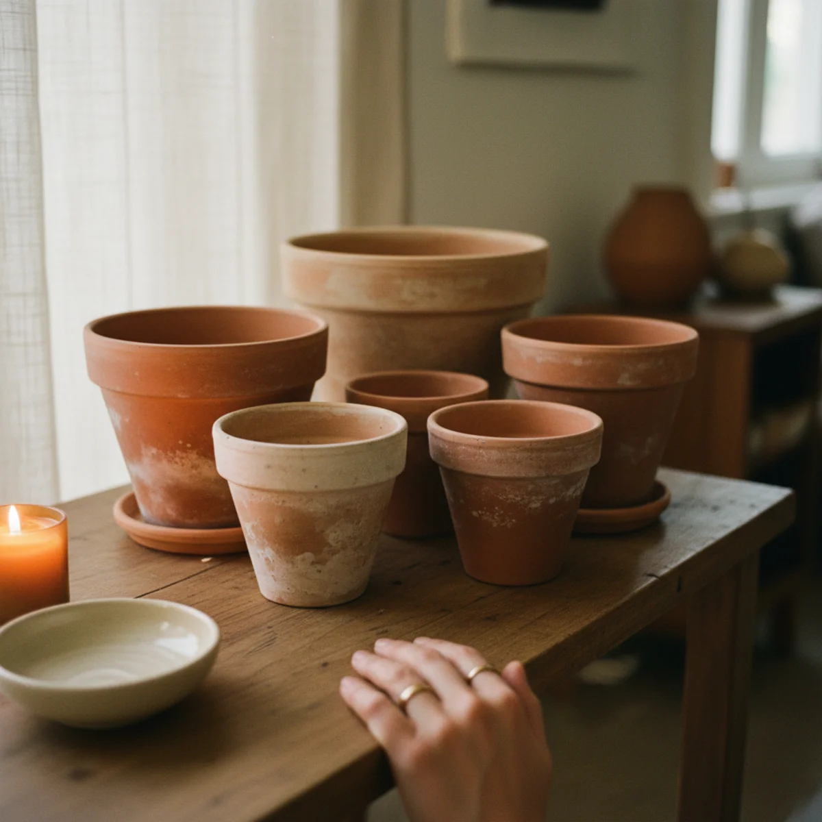Terracotta color palette — cluster of five terracotta pots at varying sizes holding plants on a warm wood shelf with white mineral deposits showing natural aging character — Home Decor Aura