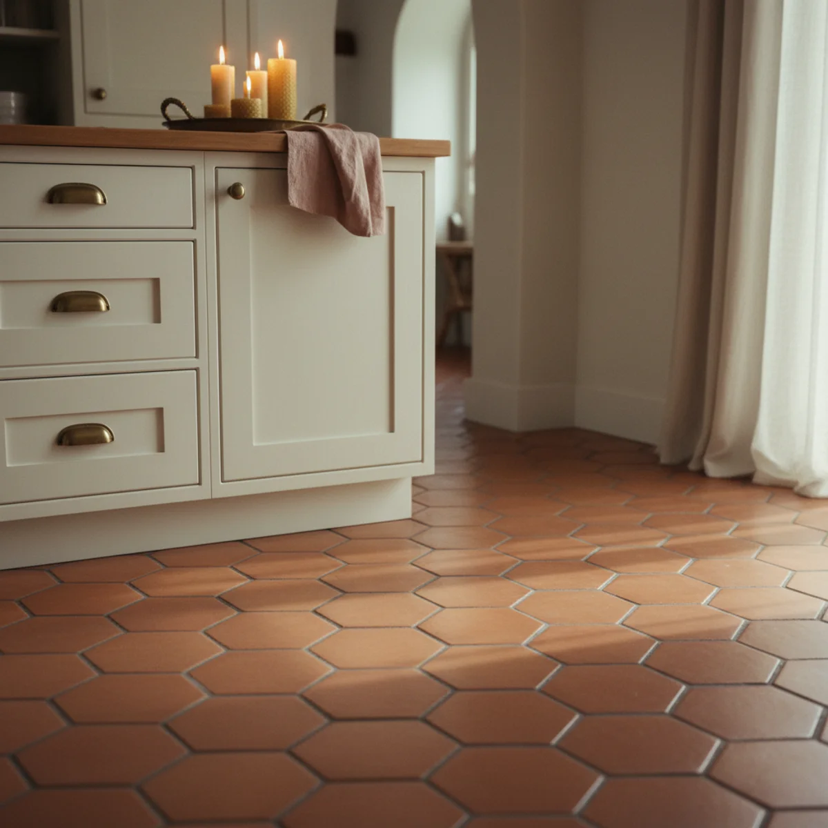 Terracotta color palette — kitchen with Saltillo terracotta tile floor, cream-painted cabinetry, aged brass hardware, and plants in terracotta pots showing the warm floor as foundation of the room's palette — Home Decor Aura