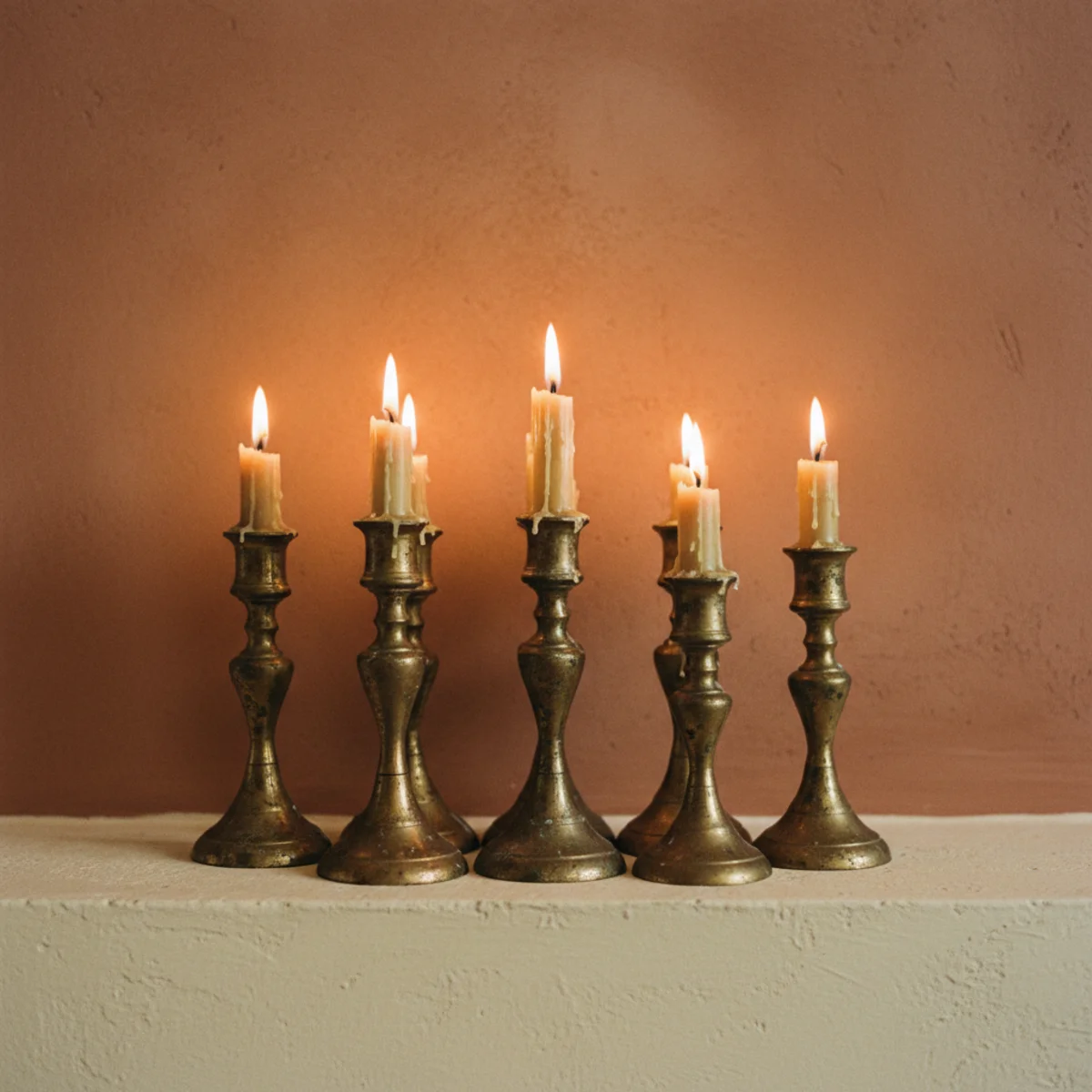 Terracotta color palette — terracotta accent wall with vintage brass table lamp, aged brass picture frame, and brass candlestick cluster showing the terracotta-and-brass warm depth pairing — Home Decor Aura