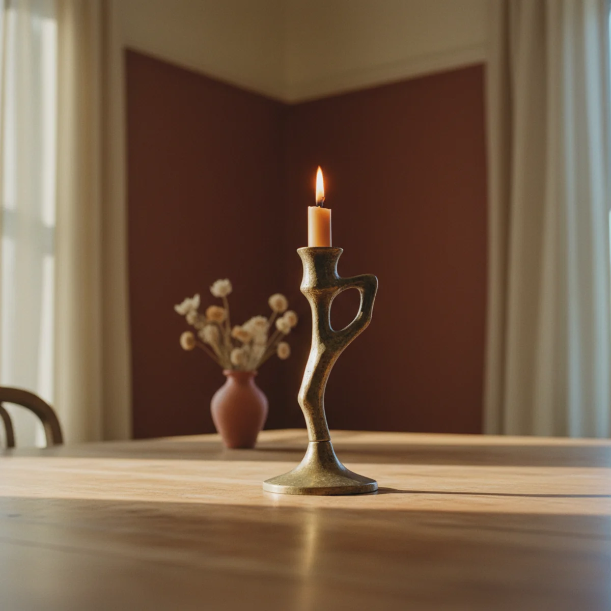 Terracotta color palette — dining room painted in Farrow & Ball Eating Room Red 59 deep muted rust with cream trim and brass candleholders showing the warm cocoon evening dining atmosphere — Home Decor Aura