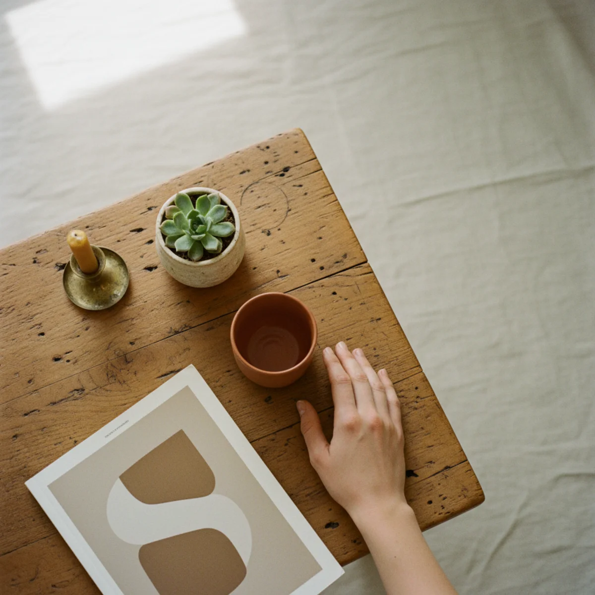 Thrifted decor ideas — small solid wood stool used as a side table beside a leather armchair with a mug and book on top — Home Decor Aura