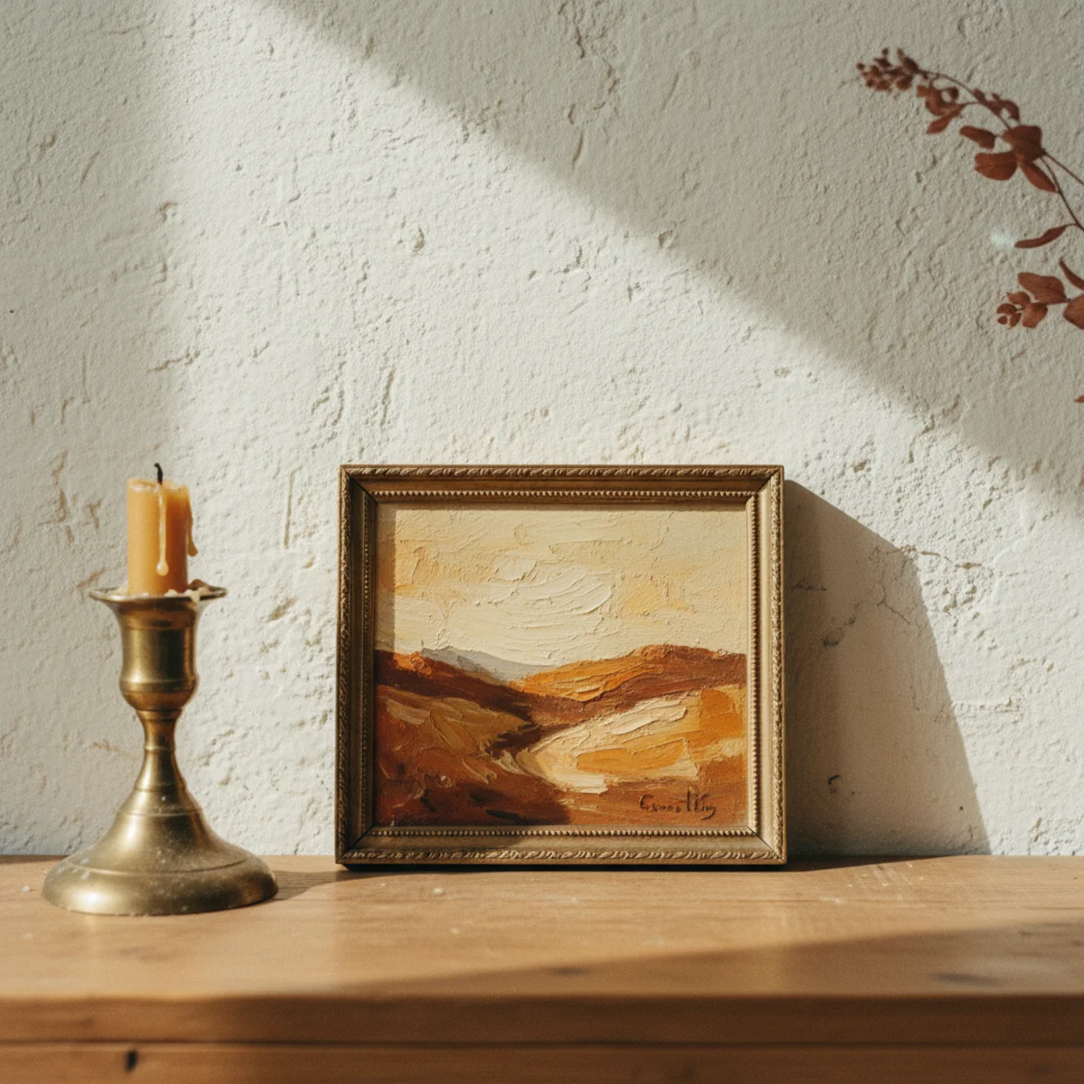Thrifted decor ideas — vintage warm-toned oil landscape painting in a gilded frame hanging above a console — Home Decor Aura