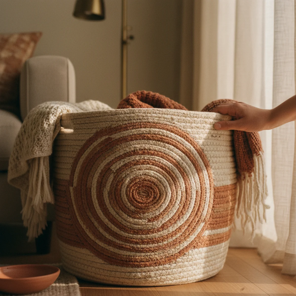 Thrifted decor ideas — three heavy-weave seagrass baskets in varied sizes containing folded throws and magazines beside a sofa — Home Decor Aura