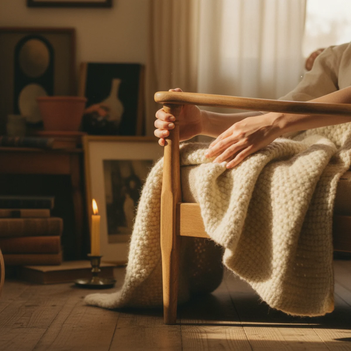 Thrifted decor ideas — solid oak side table with a heavy real-wool throw layered nearby — Home Decor Aura