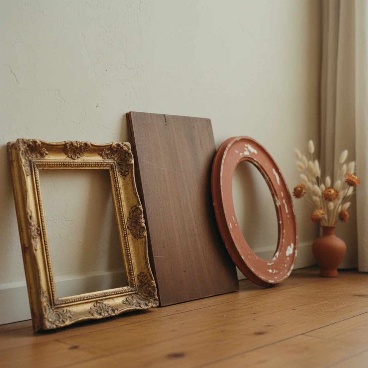 Thrifted decor ideas — oval vintage brass mirror above a console flanked by empty gilded frames — Home Decor Aura