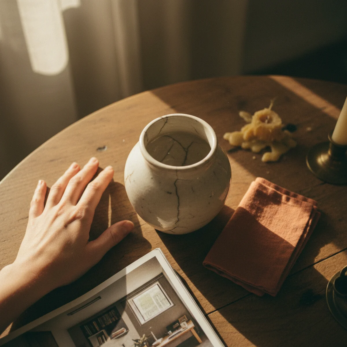 Thrifted decor ideas — buyer leaning down to smell a vintage leather armchair before purchase — Home Decor Aura