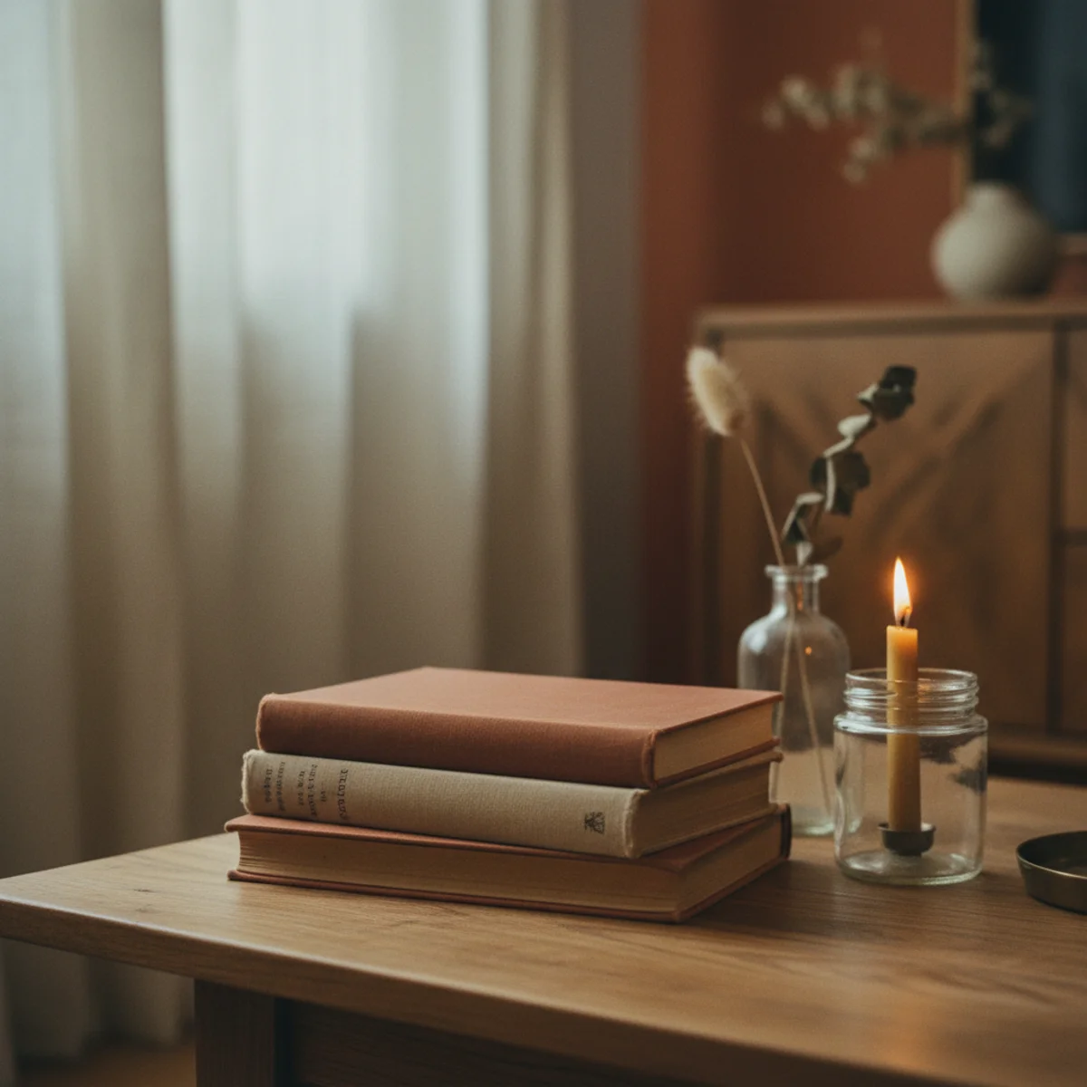 Thrifted decor ideas — vintage cloth-bound hardcovers in warm spine colors stacked horizontally and vertically on an oak shelf — Home Decor Aura
