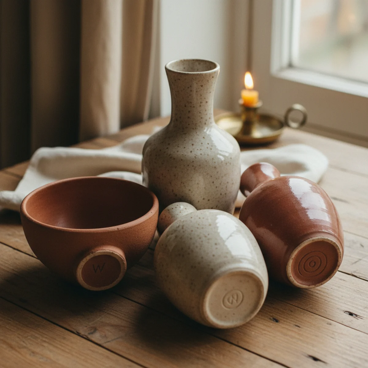 Thrifted decor ideas — three hand-thrown stoneware vessels in matte terracotta and oat glazes on a wooden console — Home Decor Aura