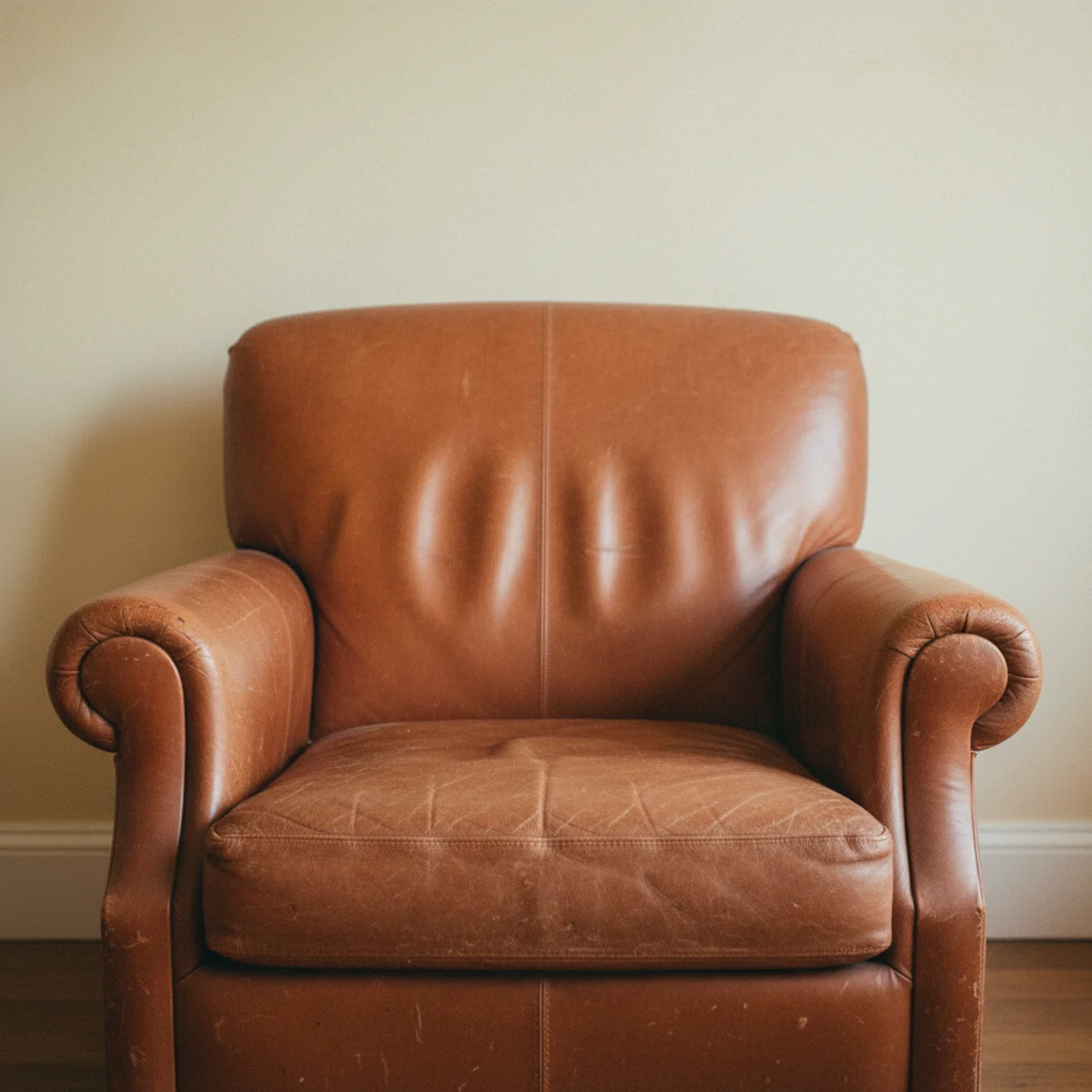 Thrifted decor ideas — worn leather armchair with soft patina at the arms and seat, positioned beside a reading lamp — Home Decor Aura