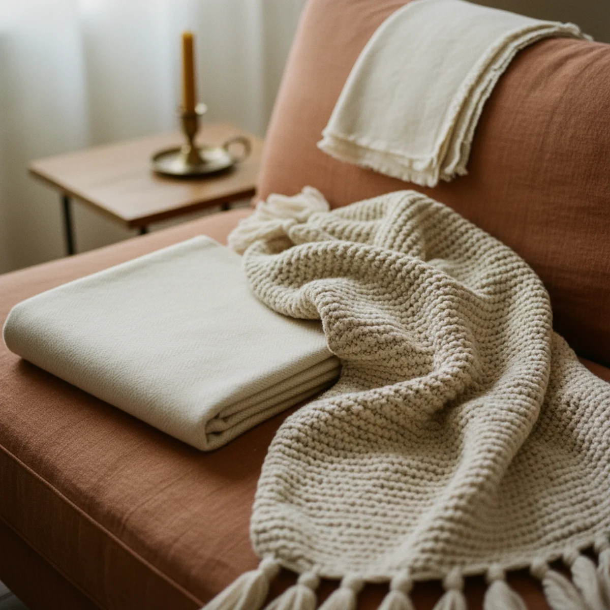 Throw blanket layering — smooth oatmeal linen and chunky rust wool knit layered on a sofa — Home Decor Aura