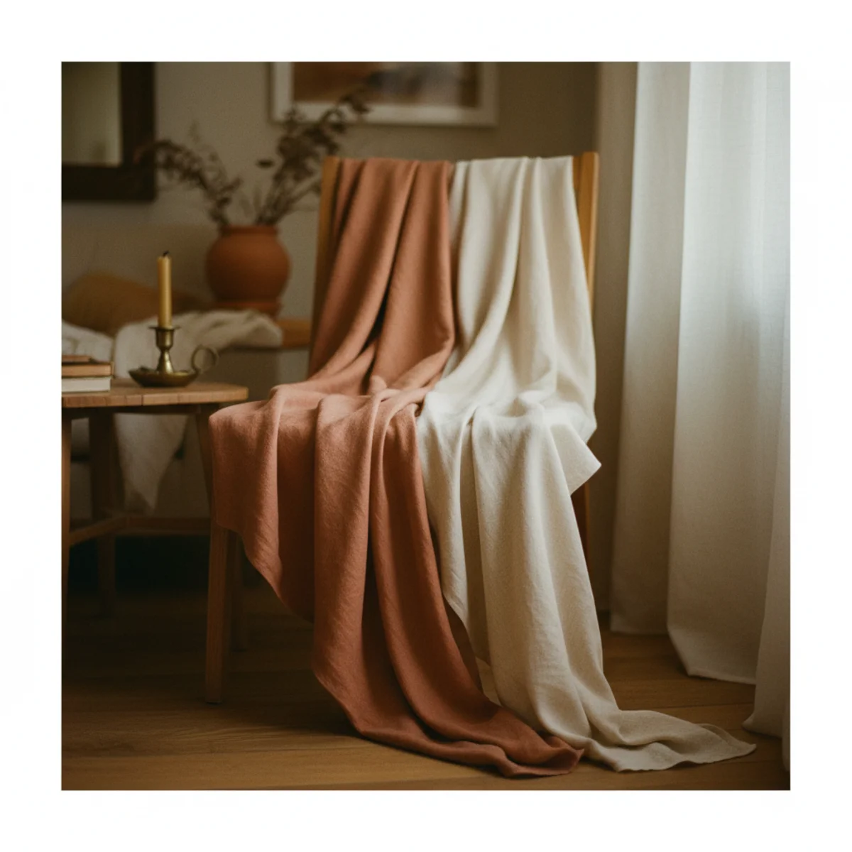 Throw blanket layering — diagonal drape with one corner pooling toward the floor on a linen sofa — Home Decor Aura