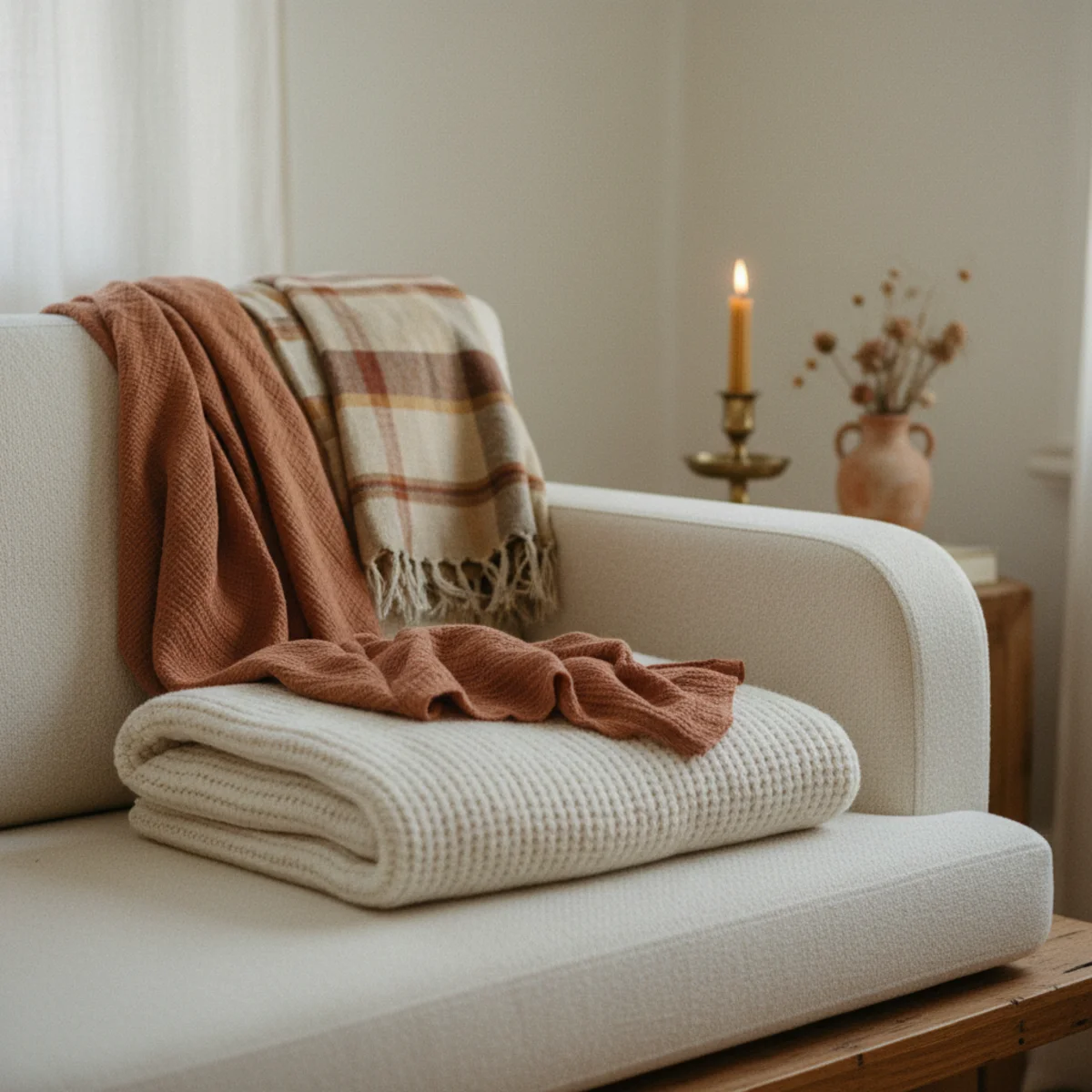 Throw blanket layering — two throws layered on a three-seater sofa with the rest stored in a woven basket nearby — Home Decor Aura