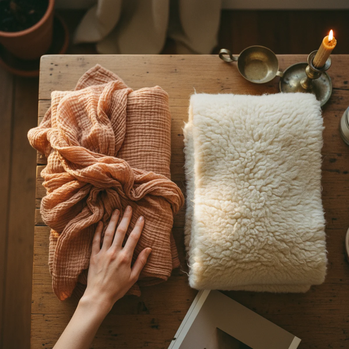 Throw blanket layering — four throws of different weights for spring, summer, fall, and winter laid out for comparison — Home Decor Aura
