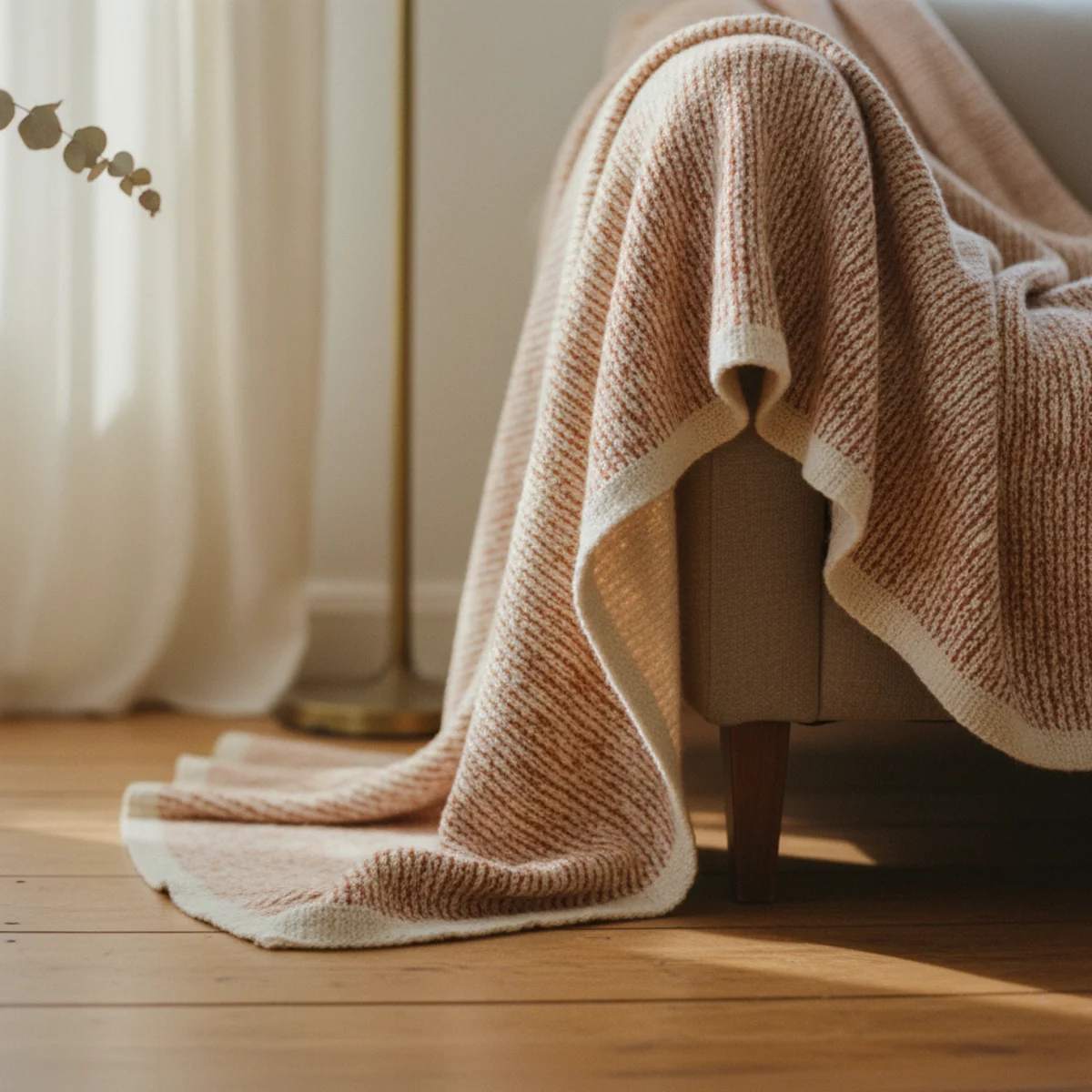 Throw blanket layering — long wool throw draped with one corner falling six inches above the rug — Home Decor Aura