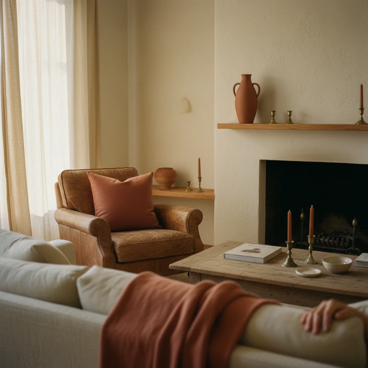 Throw blanket layering — rust throw on a sofa anchored by matching rust cushion, candle, and book spine — Home Decor Aura