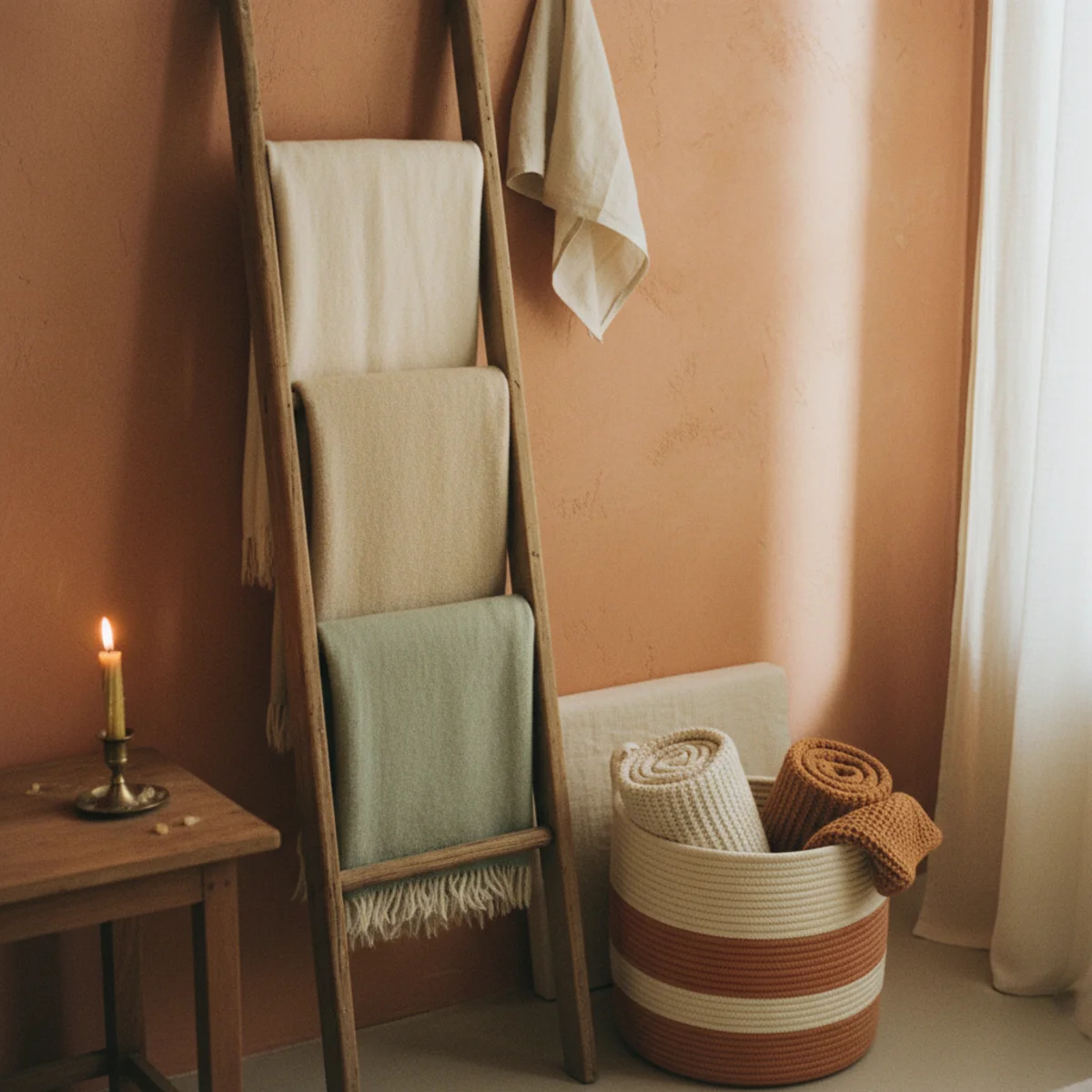Throw blanket layering — wooden blanket ladder leaning against a wall with three folded throws in warm tones — Home Decor Aura