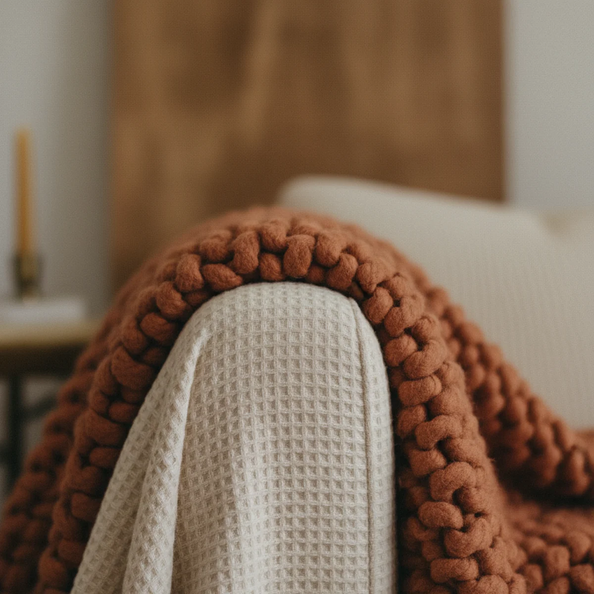 Throw blanket layering — smooth oatmeal linen and chunky cable-knit wool layered together on a sofa — Home Decor Aura