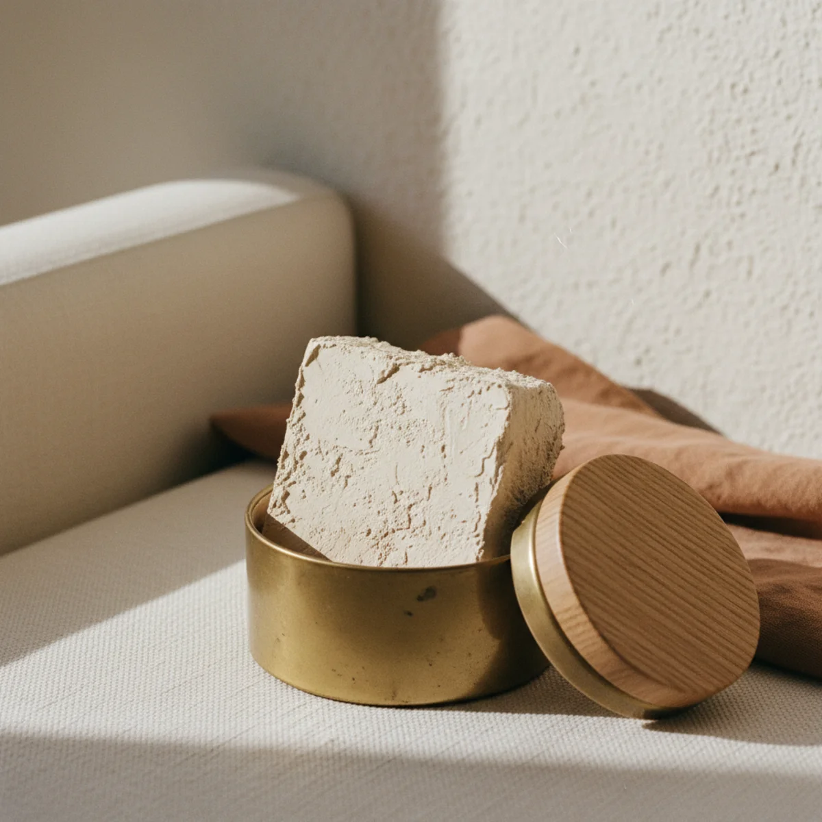 Warm minimalism — earthy off-white wall in warm-undertone paint behind a simple linen sofa and oak coffee table — Home Decor Aura