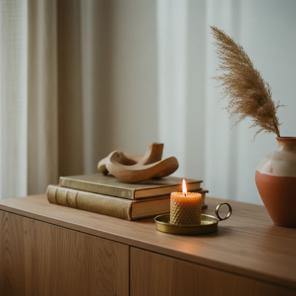 Warm minimalism — minimalist living room with TV mounted flush, no visible cables, and all chargers hidden in a closed wooden cabinet — Home Decor Aura