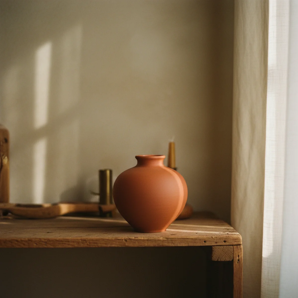 Warm minimalism — single rust velvet cushion accent on an otherwise neutral linen sofa in a warm minimalist room — Home Decor Aura