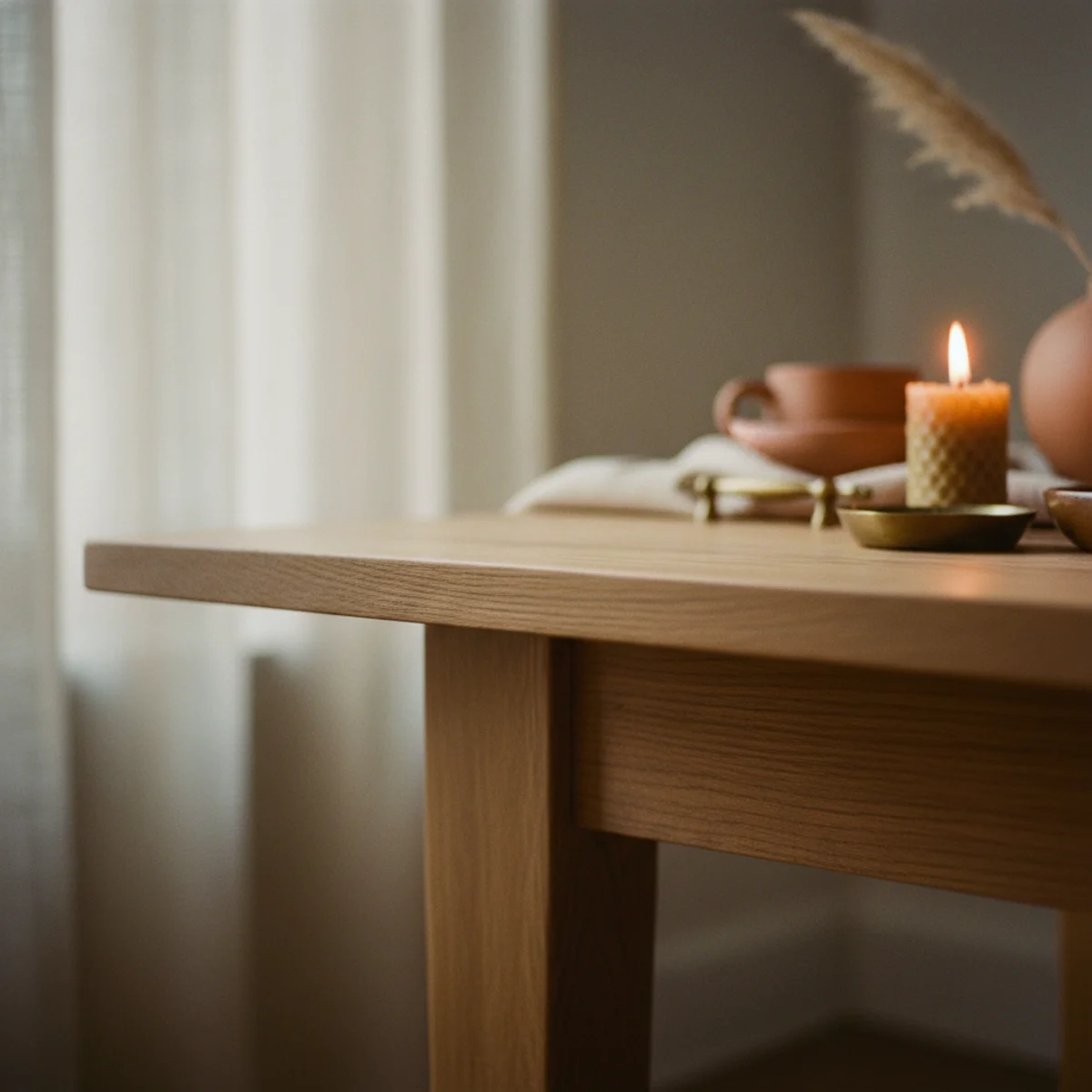 Warm minimalism — oiled oak console with matte finish showing visible grain in a warm minimalist room — Home Decor Aura