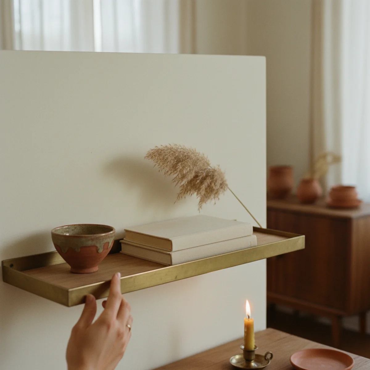 Warm minimalism — edited coffee table with only a tray, single ceramic, and stack of two books in a warm minimalist room — Home Decor Aura