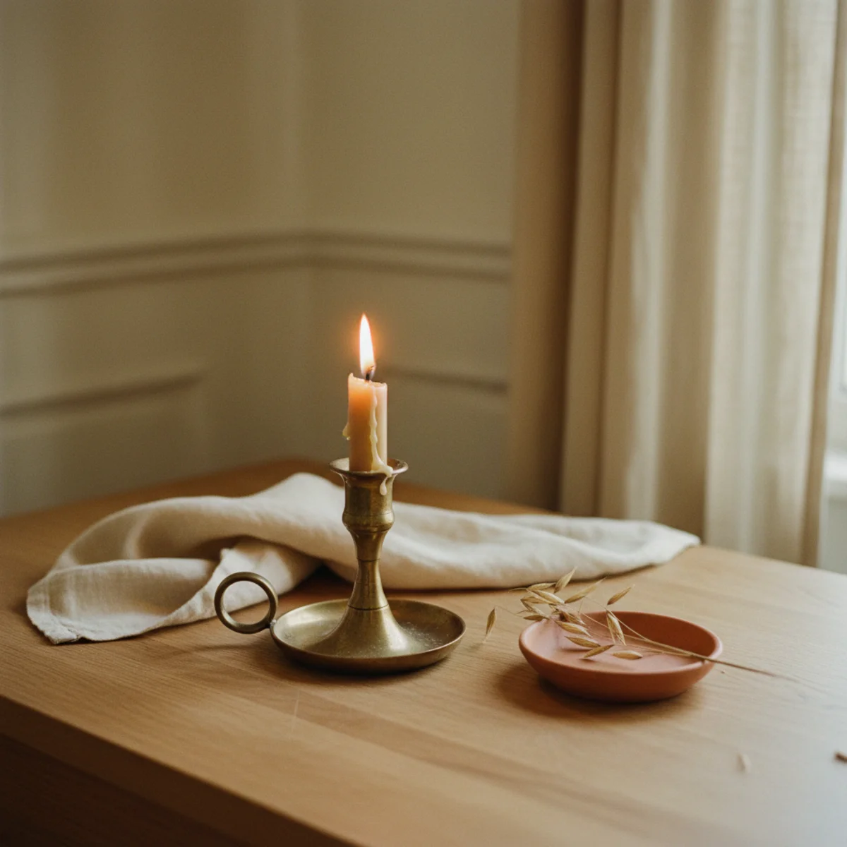Warm minimalism — tonal layering of cream linen, oat boucle, walnut wood, and aged brass in a warm minimalist room — Home Decor Aura