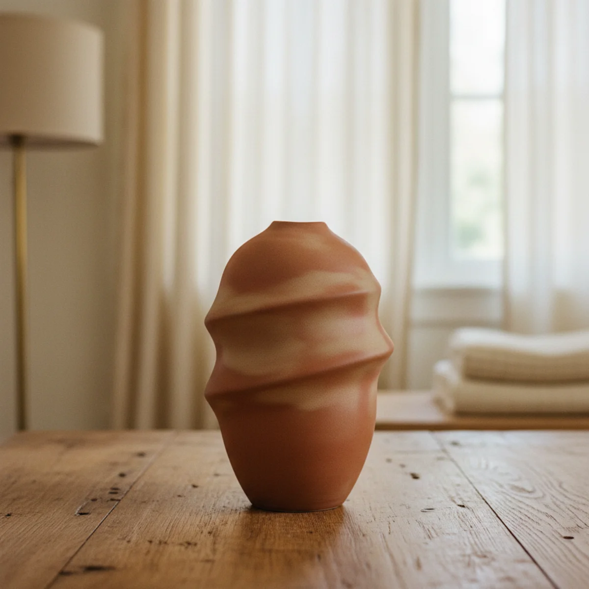 Warm minimalism — single hand-thrown stoneware vessel on an oak console with significant negative space around it in a warm minimalist room — Home Decor Aura