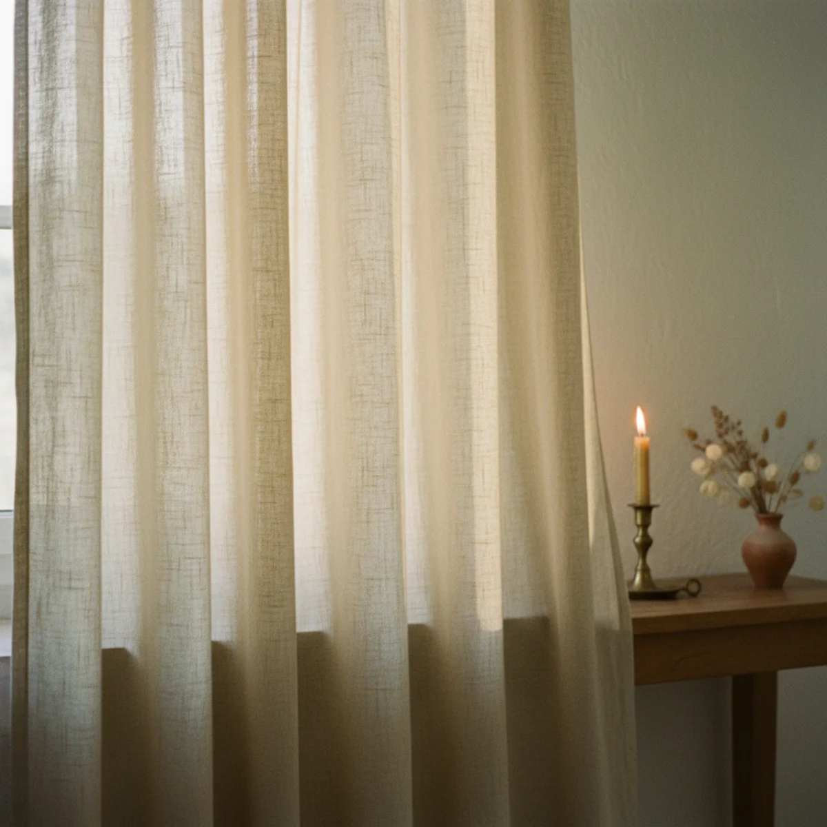 Warm minimalism — floor-length unlined linen curtain panels in oat-tone next to woven bamboo shades in a warm minimalist room — Home Decor Aura