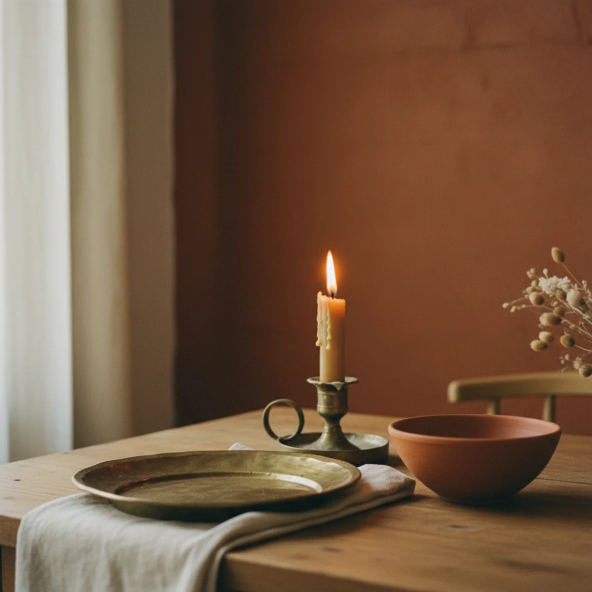 Warm paint colors — dining room painted in Farrow & Ball Brinjal 222 deep rust with cream trim, brass candleholders with lit beeswax tapers, and warm wood dining table during evening atmospheric meal — Home Decor Aura