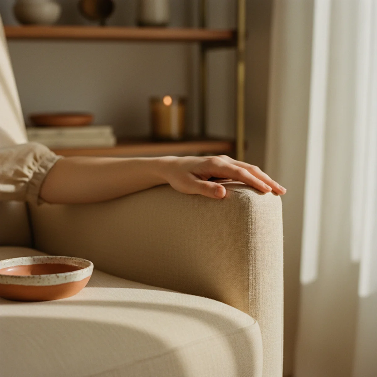 Warm paint colors — living room painted in Farrow & Ball Slipper Satin 2004 warm beige with subtle peach undertone, cream trim, warm wood floors, and brass hardware showing genuinely warm beige application — Home Decor Aura