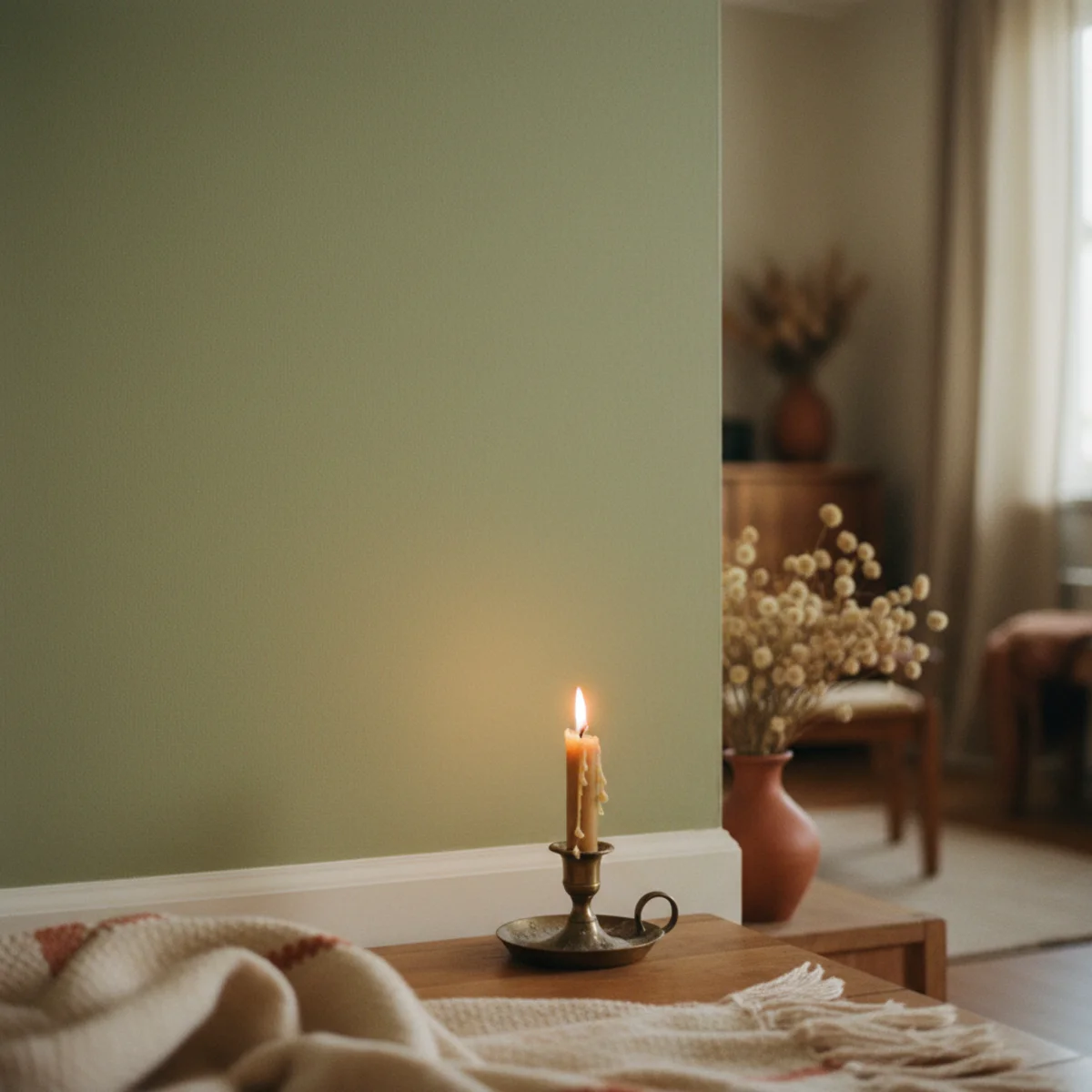 Warm paint colors — bedroom painted in Farrow & Ball Cromarty 285 muted warm sage green with cream trim, warm oak floors, and brass hardware showing the carefully-chosen sage that delivers warm-natural calm — Home Decor Aura