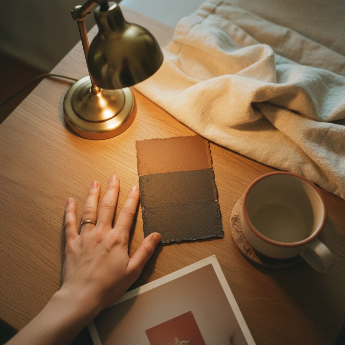 Warm paint colors — bedroom painted in Farrow & Ball Down Pipe 26 deep warm charcoal with cream trim, brass lamps, and warm wood floor creating intimate cocoon atmosphere with multiple warm light sources — Home Decor Aura