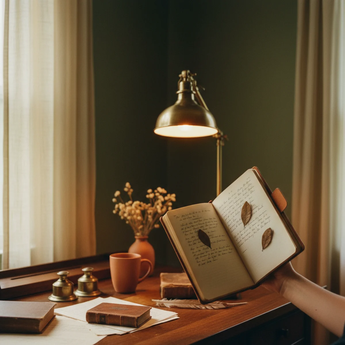 Warm paint colors — home study painted in Farrow & Ball Olive 13 deep saturated olive green with cream trim, warm wood shelving, brass lamp, and leather chair showing focused work environment — Home Decor Aura