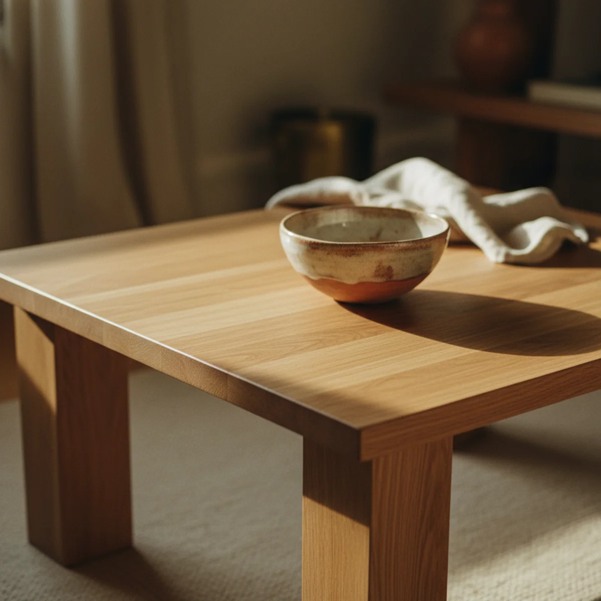 Japandi style — low Danish-modern coffee table at 14 inches tall, slipcovered linen sofa at 16-inch seat height, and platform bed at 8 inches off floor all in solid oak and walnut in a warm Japandi interior — Home Decor Aura