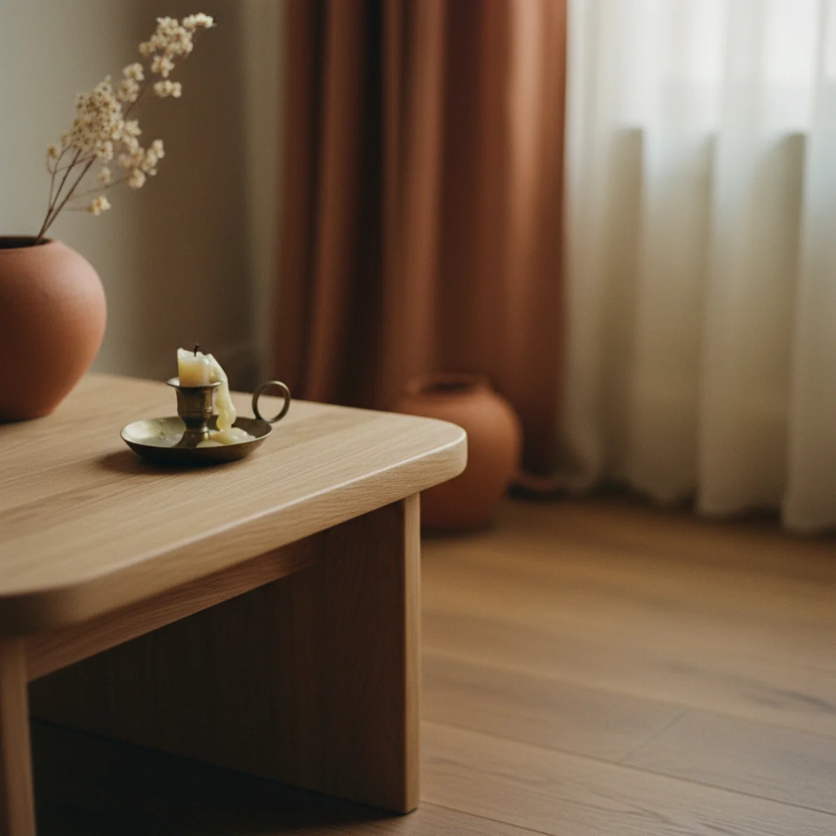 Japandi style — Japandi living room showing layered wood tones including light oak floor, walnut coffee table, oiled pine shelf, and teak side table all in consistent warm matte finish in a warm Japandi interior — Home Decor Aura