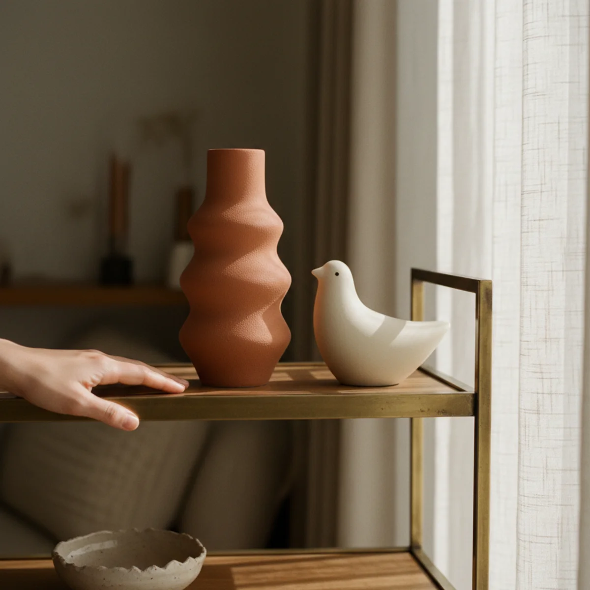 Japandi style — Japandi room showing significant empty space across surfaces and walls after quarterly editing round with only essential and carefully-chosen items remaining in a warm Japandi interior — Home Decor Aura