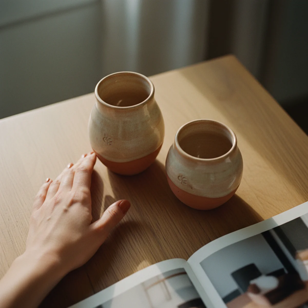 Japandi style — collection of hand-thrown ceramic vessels and vases with visible throwing rings, slight asymmetry, and irregular glaze drips on a low Japandi coffee table — Home Decor Aura