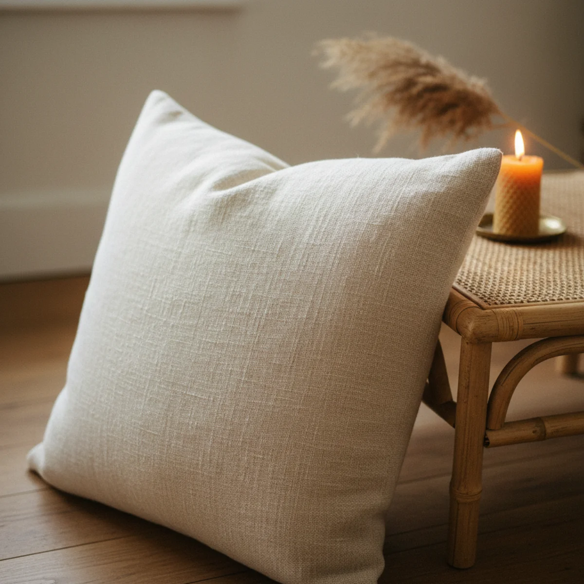 Japandi style — Japandi living room with washed linen sofa, chunky wool throw, hemp area rug, and cotton cushions all in natural-fiber textiles showing visible texture irregularity in a warm Japandi interior — Home Decor Aura