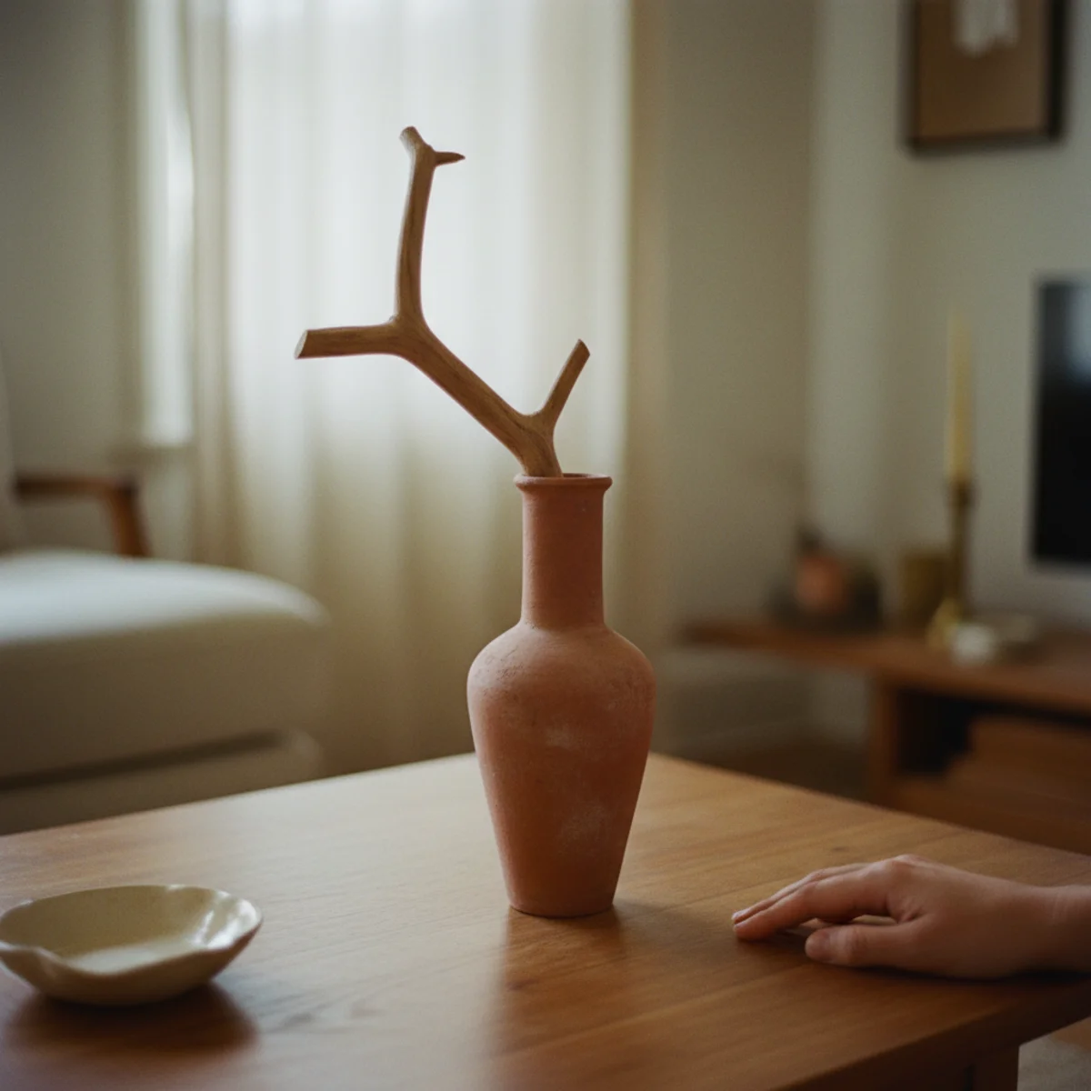 Japandi style — single tall sculptural branch of olive in a heavy handmade ceramic vase as the only plant element in a Japandi living room showing intentional restraint — Home Decor Aura