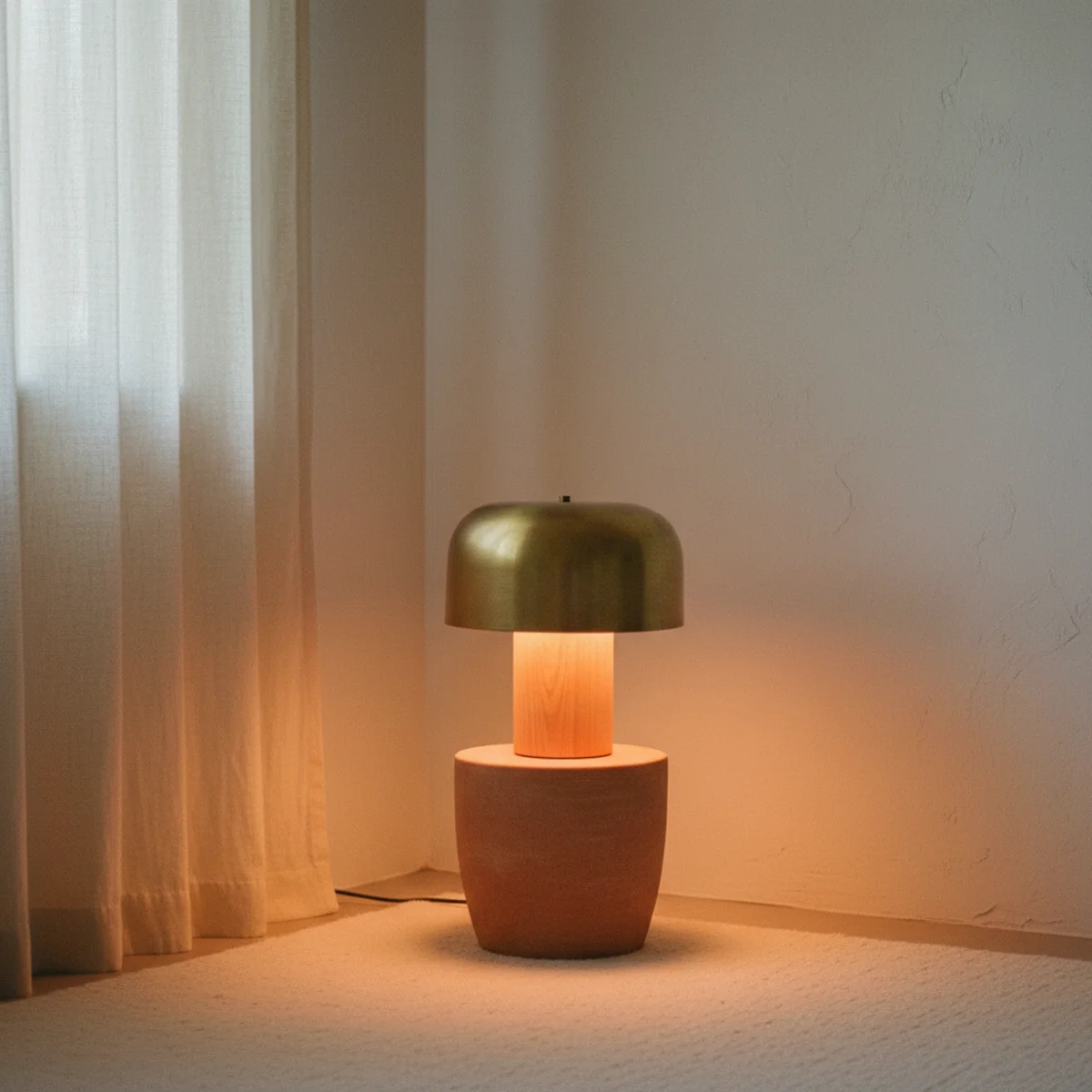 Japandi style — Japandi living room with paper pendant, ceramic table lamps, low floor lamp, and beeswax candles all glowing warm 2700K with washi paper screen filtering natural light — Home Decor Aura
