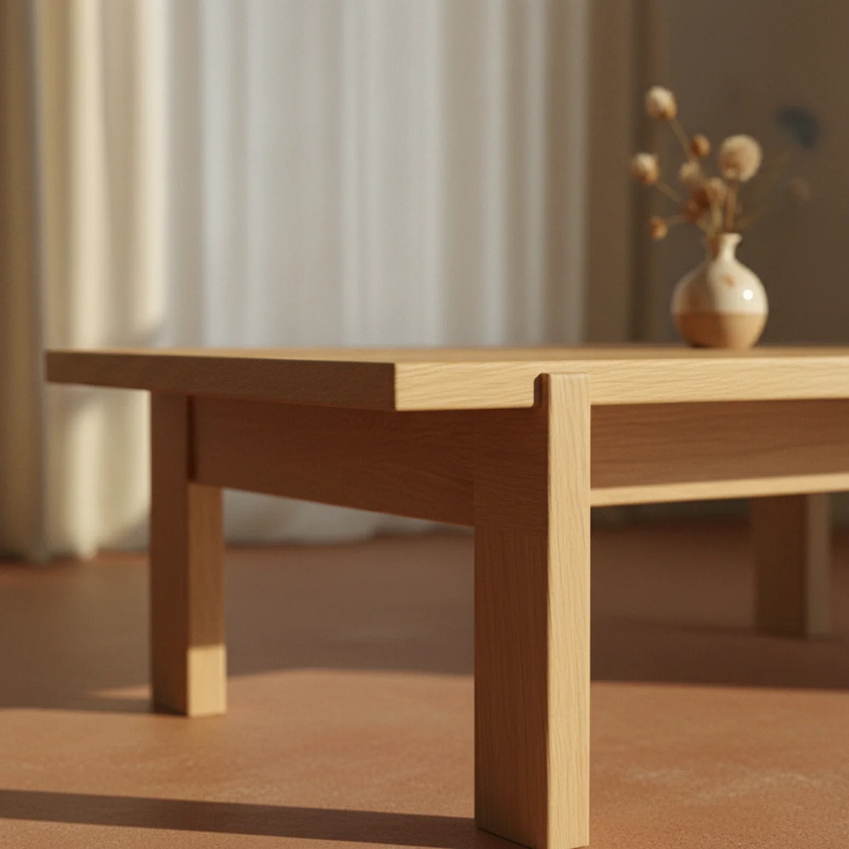 Japandi style — Japandi room showing clean simple geometric furniture, minimal door trim, simple cylindrical hardware, and simple wood frames all reinforcing line discipline in a warm Japandi interior — Home Decor Aura