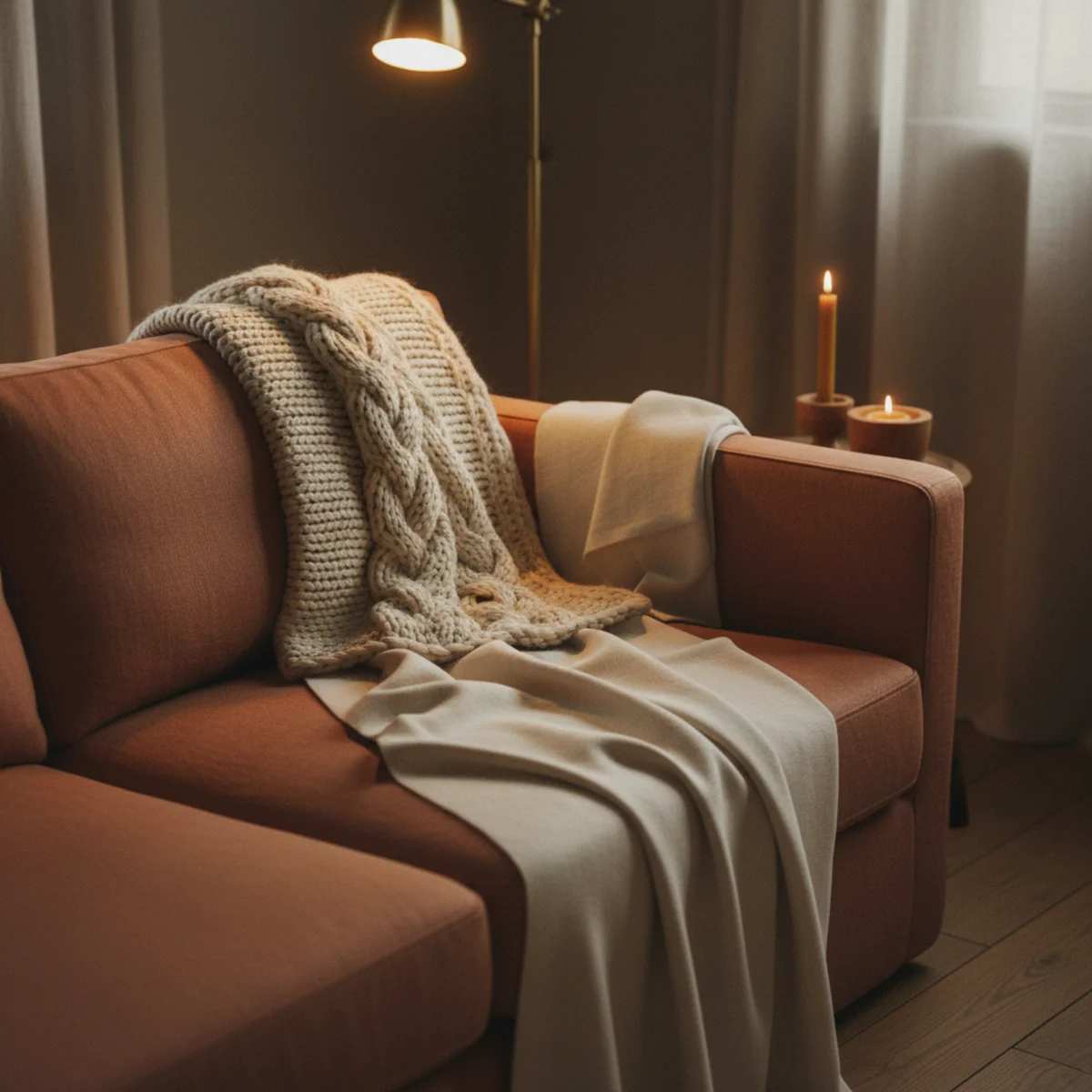 Winter decor — sofa layered with two wool throws including a cream wool throw over the back and terracotta accent throw over the arm in a warm winter living room — Home Decor Aura