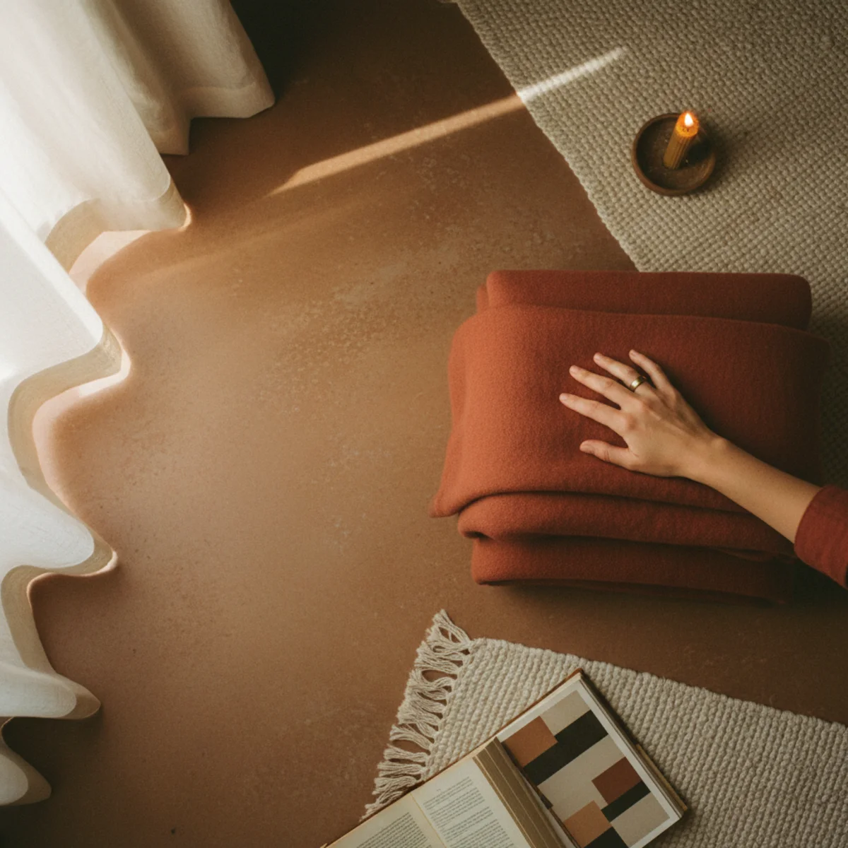 Winter decor — heavy wool drapes layered behind lighter linen curtains in a warm winter living room with drapes partially drawn before sunset — Home Decor Aura