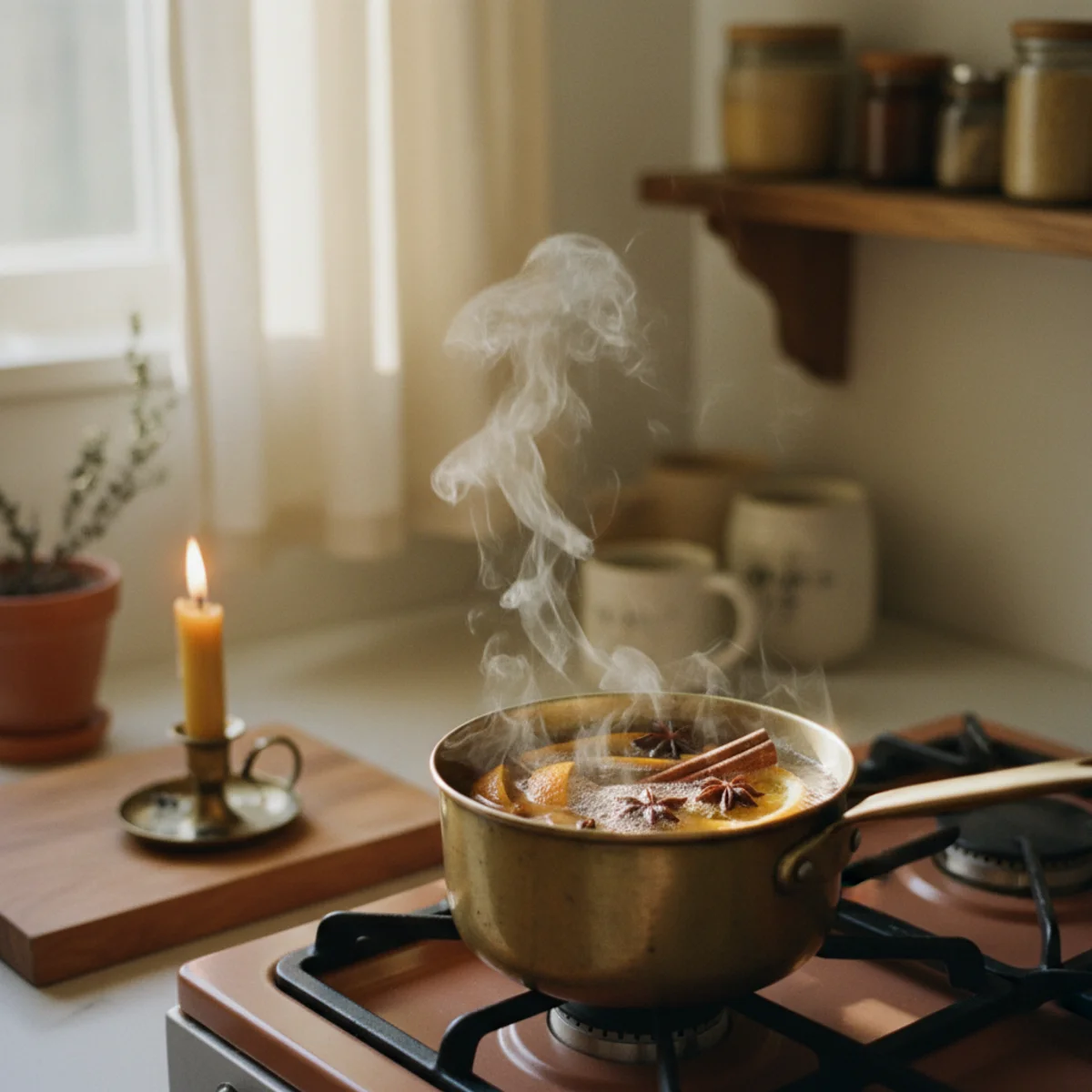 Winter decor — small pot simmering on stovetop with orange peels, cinnamon sticks, cloves, and star anise filling a warm winter kitchen with natural scent — Home Decor Aura
