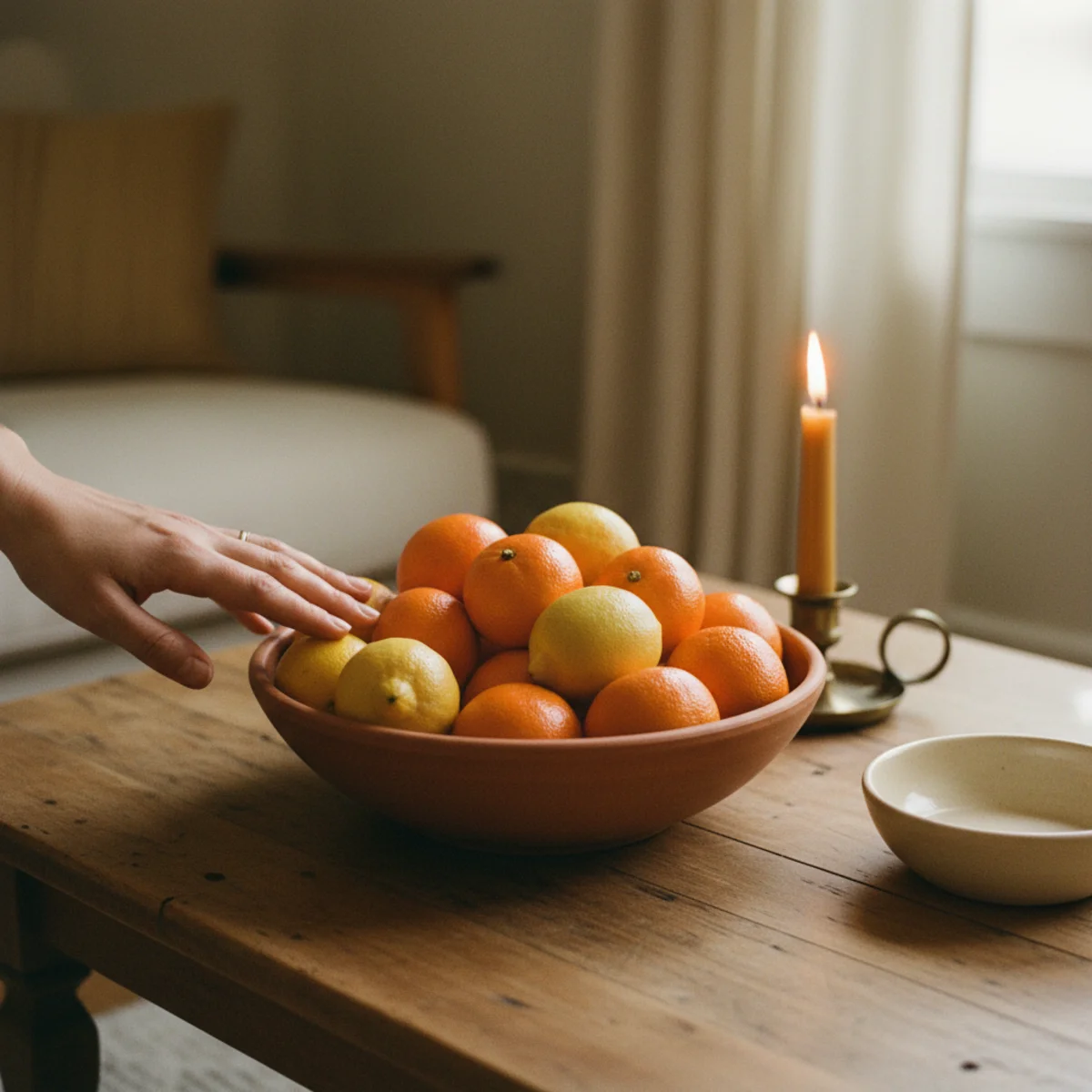 Winter decor — wooden bowl filled with mixed oranges, lemons, clementines, and a blood orange on a dining table in bright window light in a warm winter dining room — Home Decor Aura