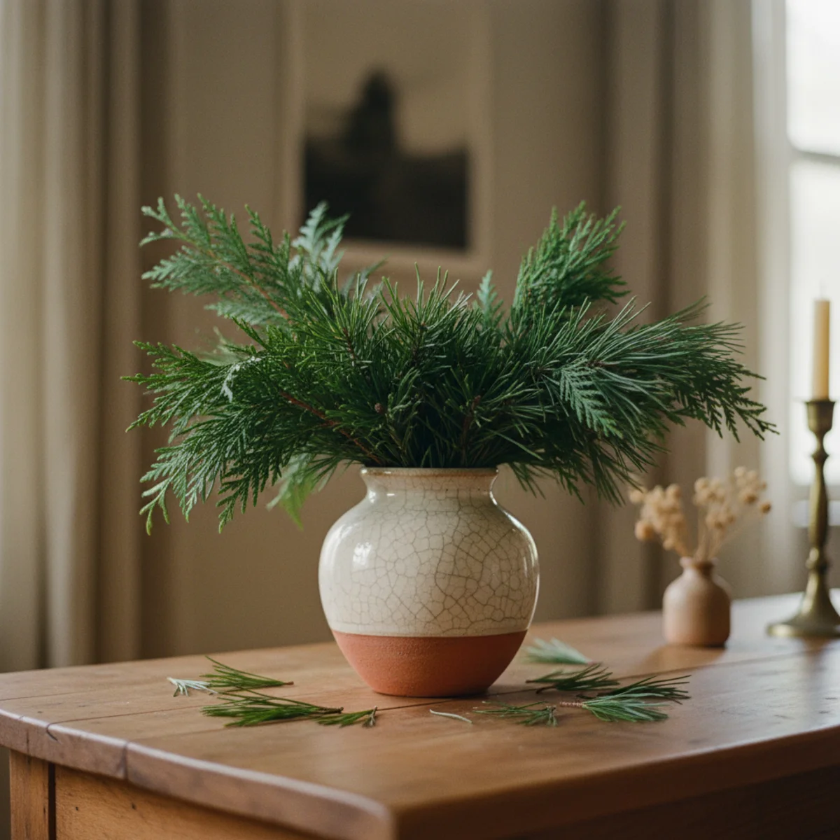 Winter decor — tall heavy ceramic vase filled with mixed pine, cedar, and silver dollar eucalyptus on a console in a warm winter living room — Home Decor Aura