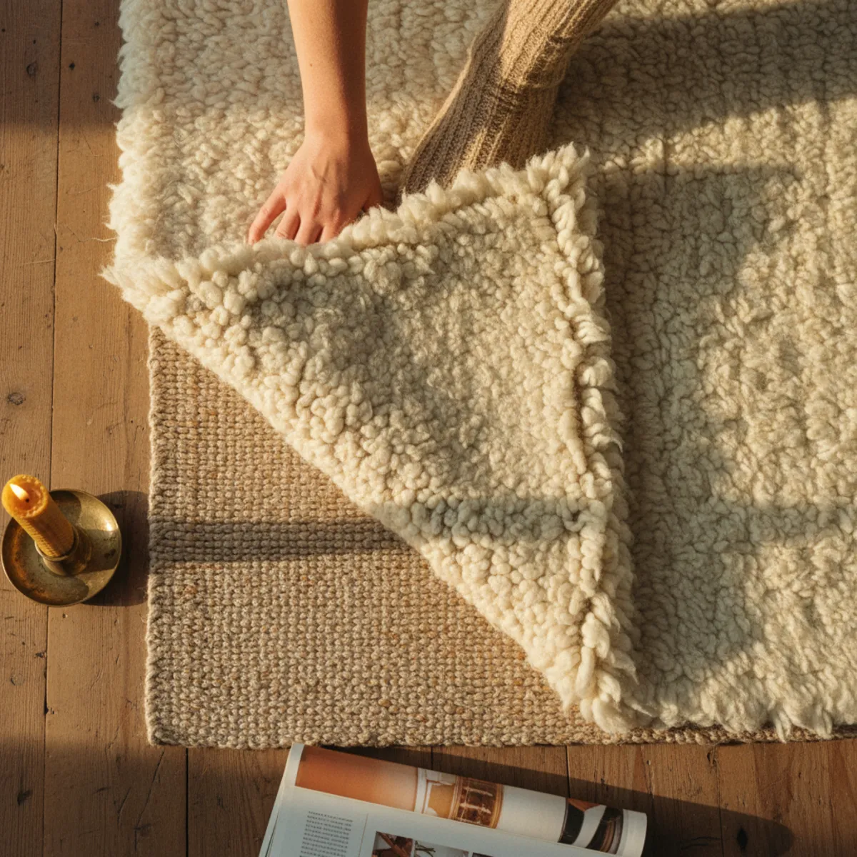 Winter decor — chunky Beni Ourain wool rug with cream sheepskin layered on top at the seating zone of a warm winter living room — Home Decor Aura